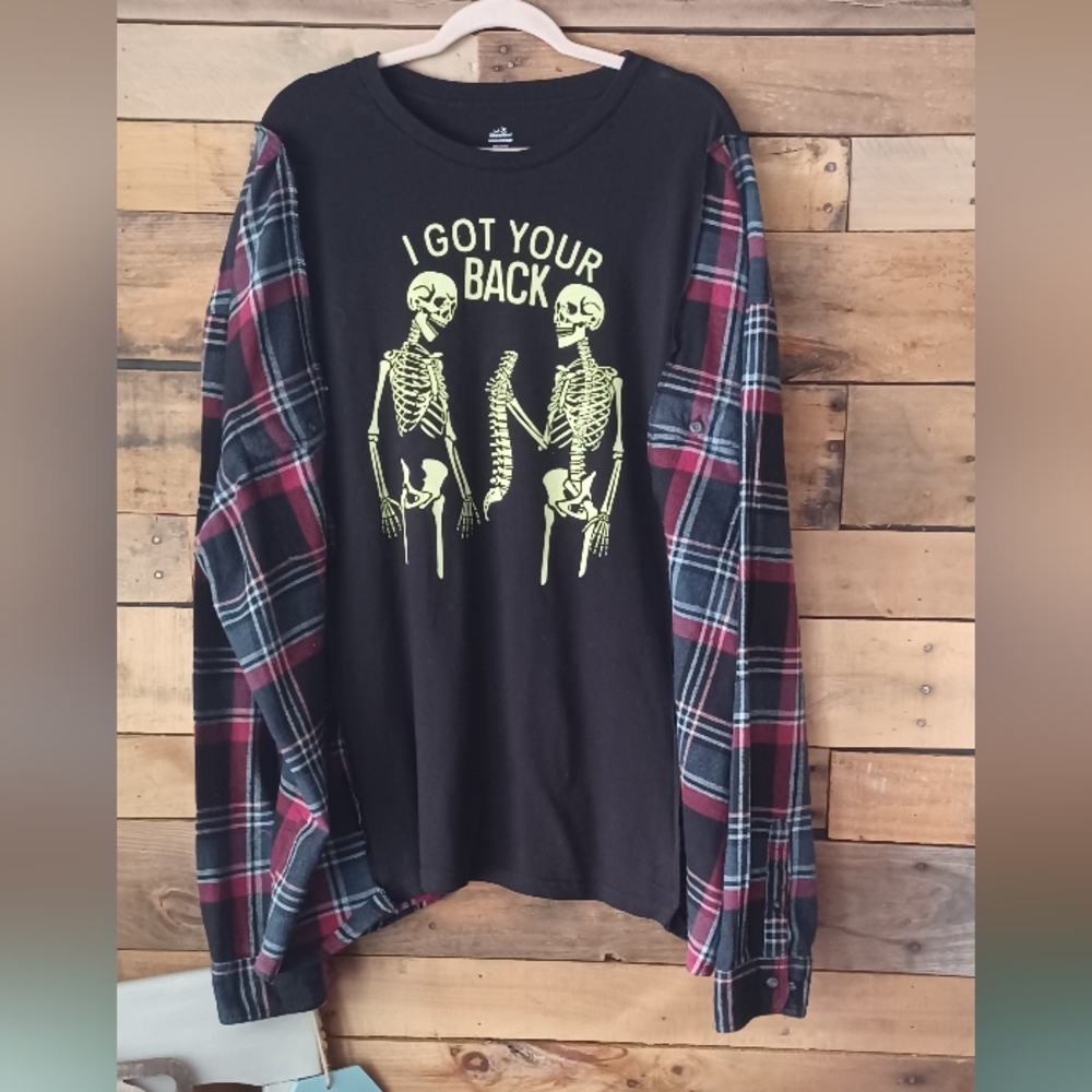 Upcycled Graphic Skeleton Plaid Sleeve Long Sleeve Top - Black & Red